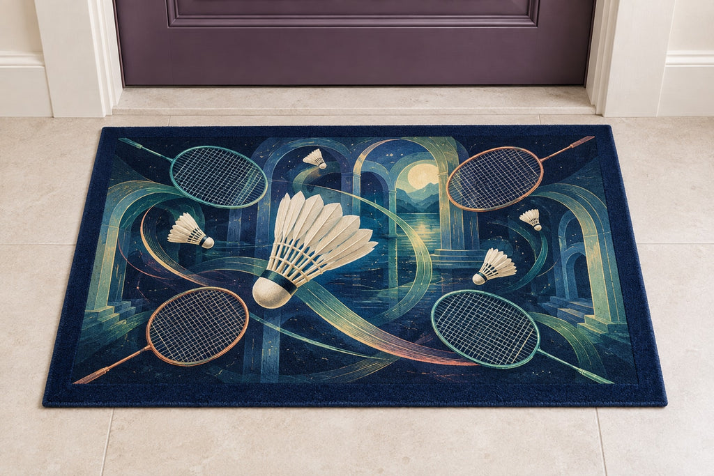 Featherflight Club Atlas Welcome Mat with dimensional printed themed artwork; representative AI-generated mockup.