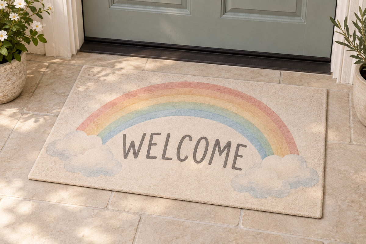 Rainbow Weather Welcome Mat with dimensional printed themed artwork; representative AI-generated mockup.
