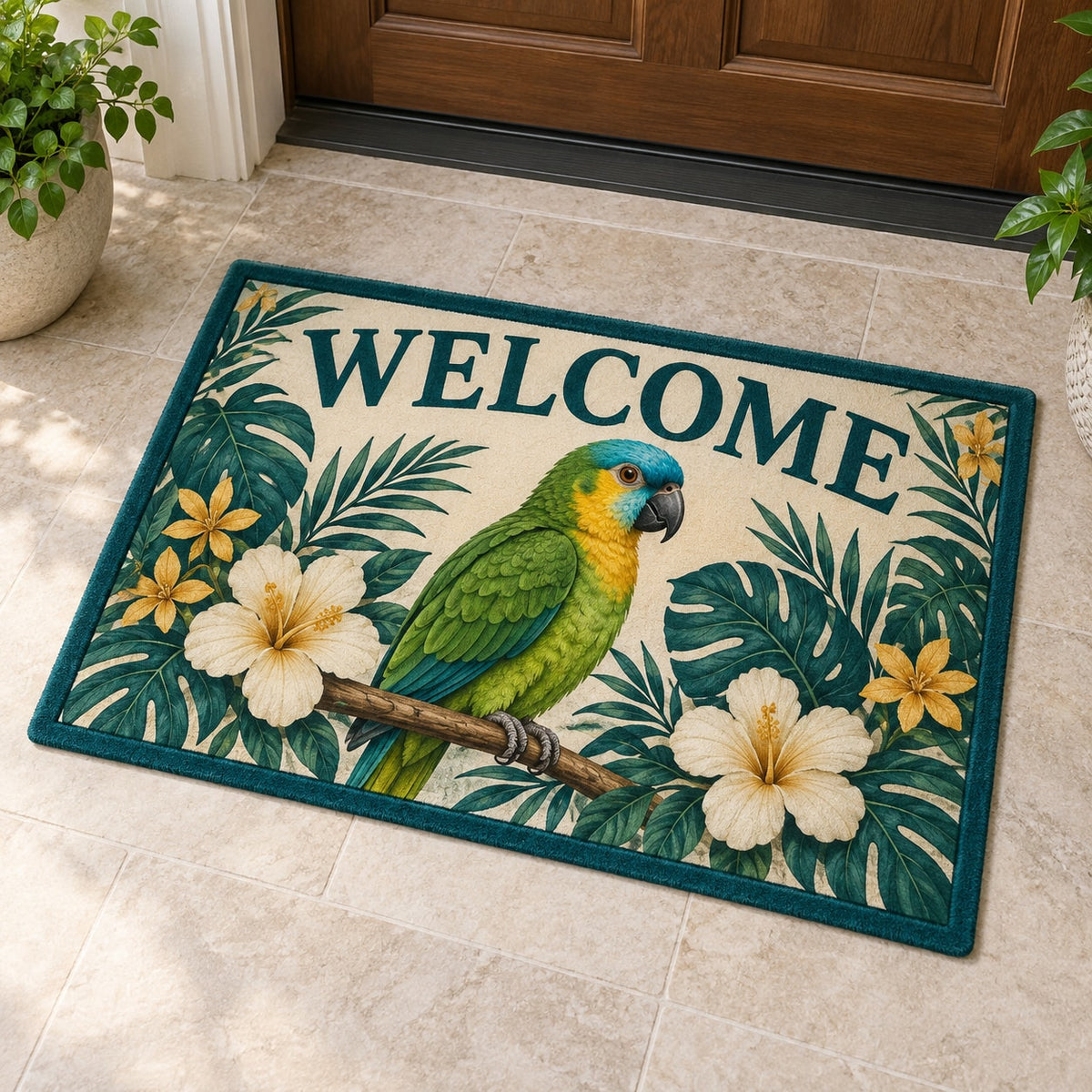 Parrot Companion Welcome Mat with dimensional printed themed artwork; representative AI-generated mockup.