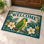 Parrot Companion Welcome Mat with dimensional printed themed artwork; representative AI-generated mockup.