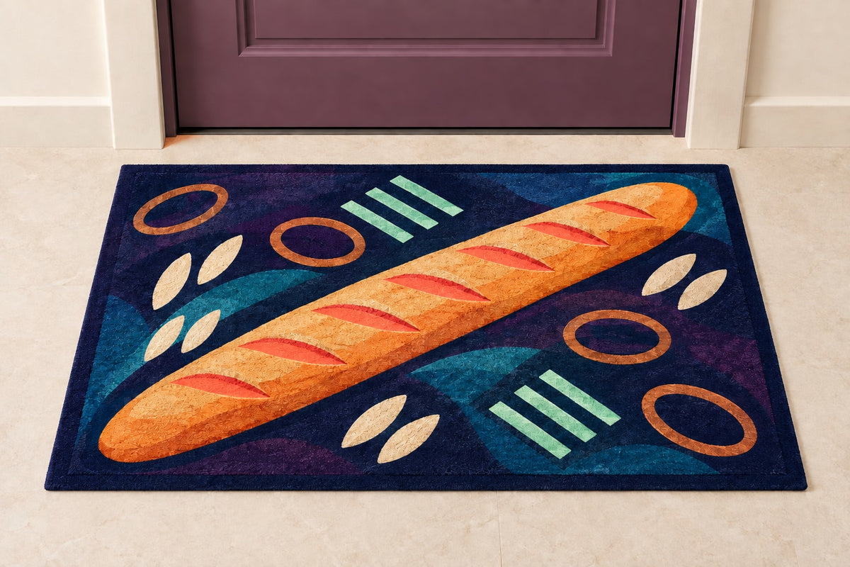 Baguette Aurora Relay Welcome Mat with dimensional printed themed artwork; representative AI-generated mockup.