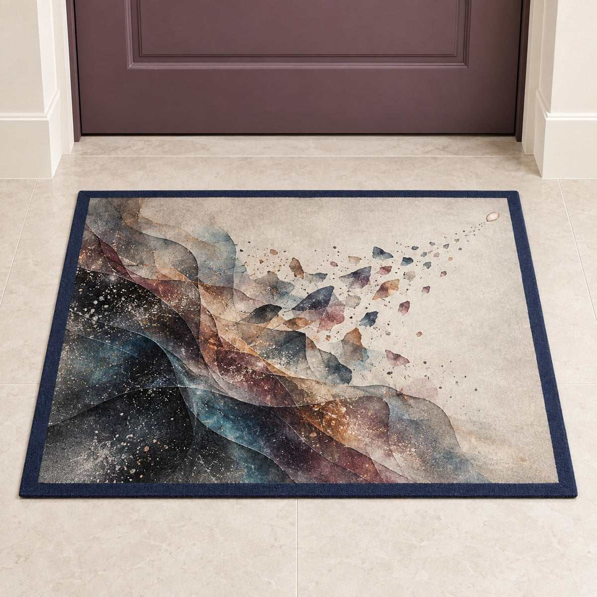 Silvergrain Afterimage Welcome Mat with dimensional printed themed artwork; representative AI-generated mockup.