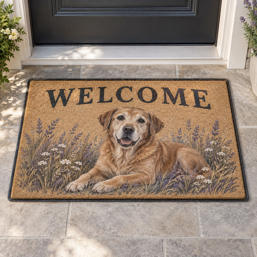 Senior Dog Companion Welcome Mat with dimensional printed themed artwork; representative AI-generated mockup.