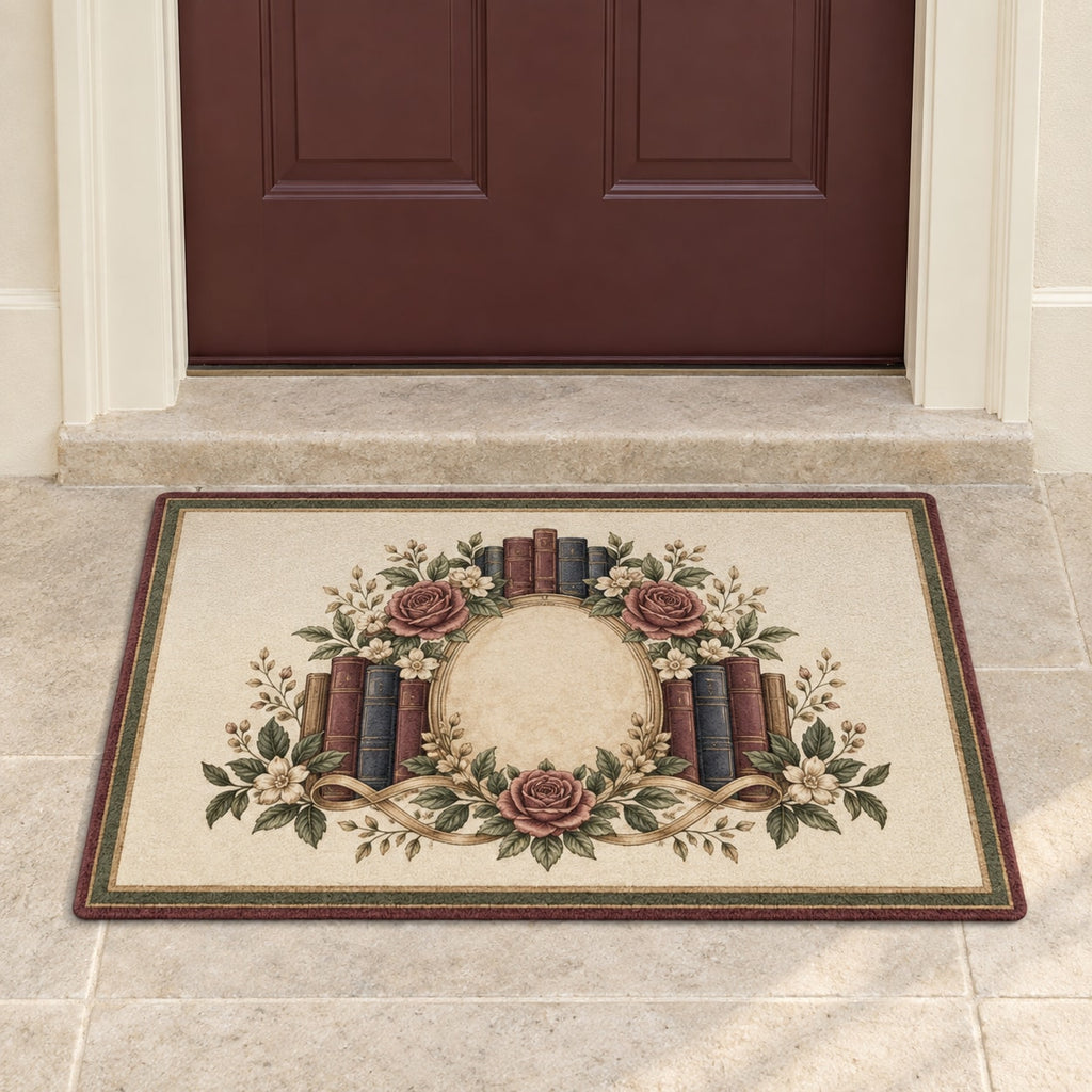 Antique Library Rose Welcome Mat with dimensional printed themed artwork; representative AI-generated mockup.