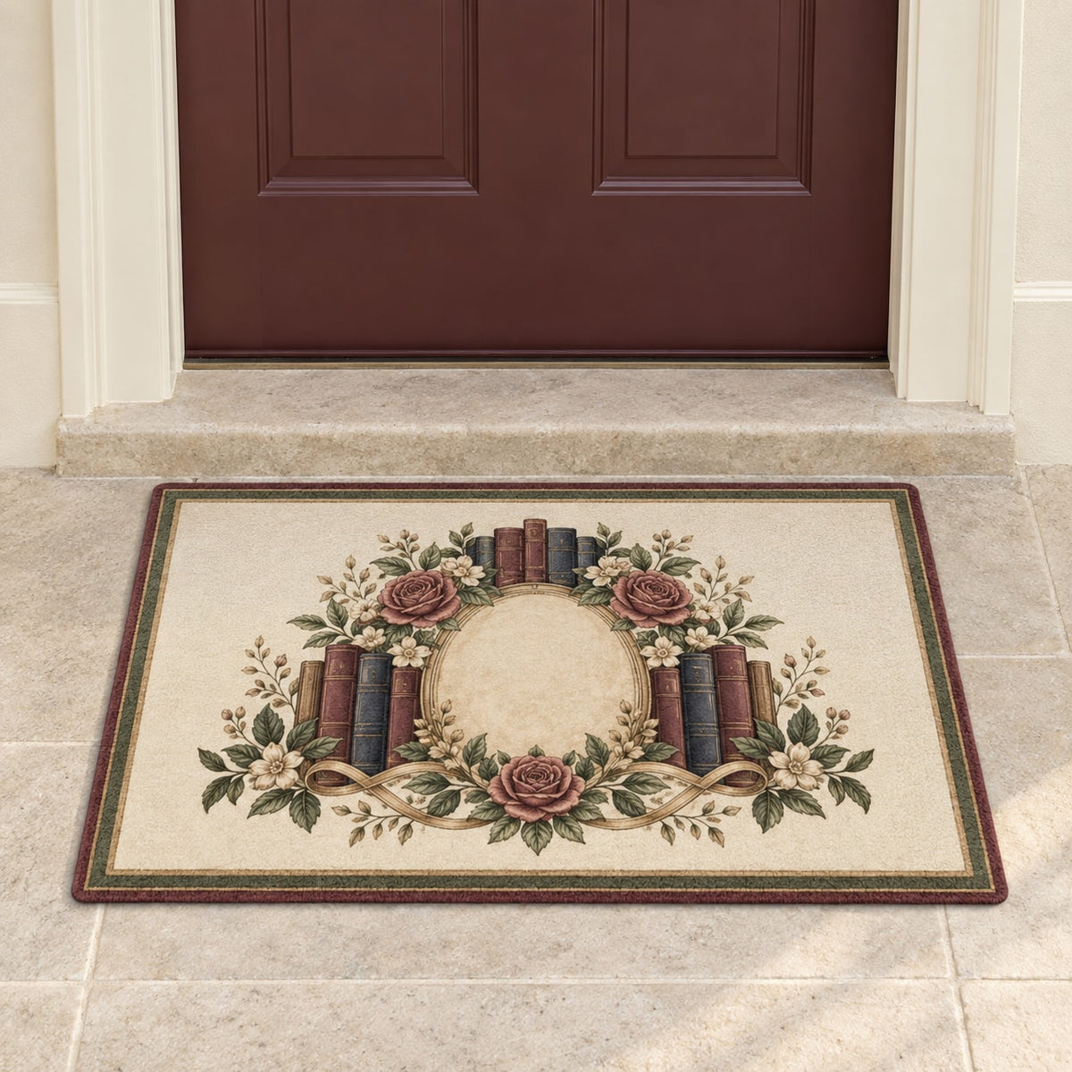 Antique Library Rose Welcome Mat with dimensional printed themed artwork; representative AI-generated mockup.