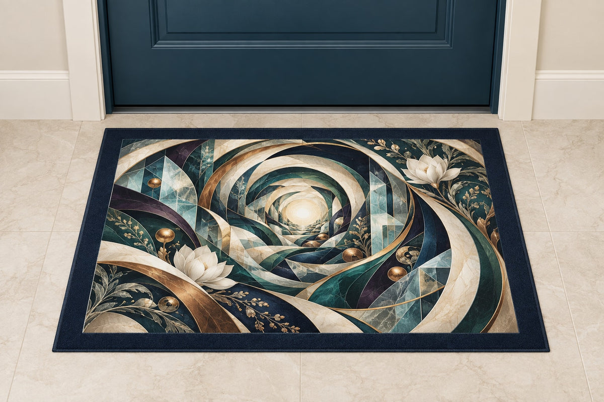 Equilibrium Ledger Atrium Welcome Mat with dimensional printed themed artwork; representative AI-generated mockup.