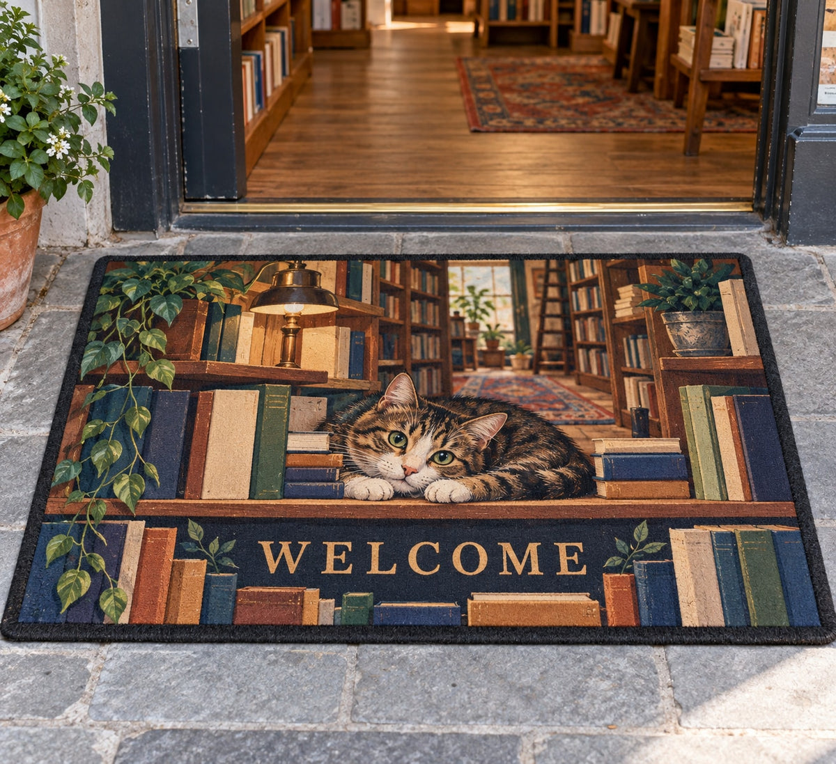 Cat in a Bookshop Welcome Mat with dimensional printed themed artwork; representative AI-generated mockup.