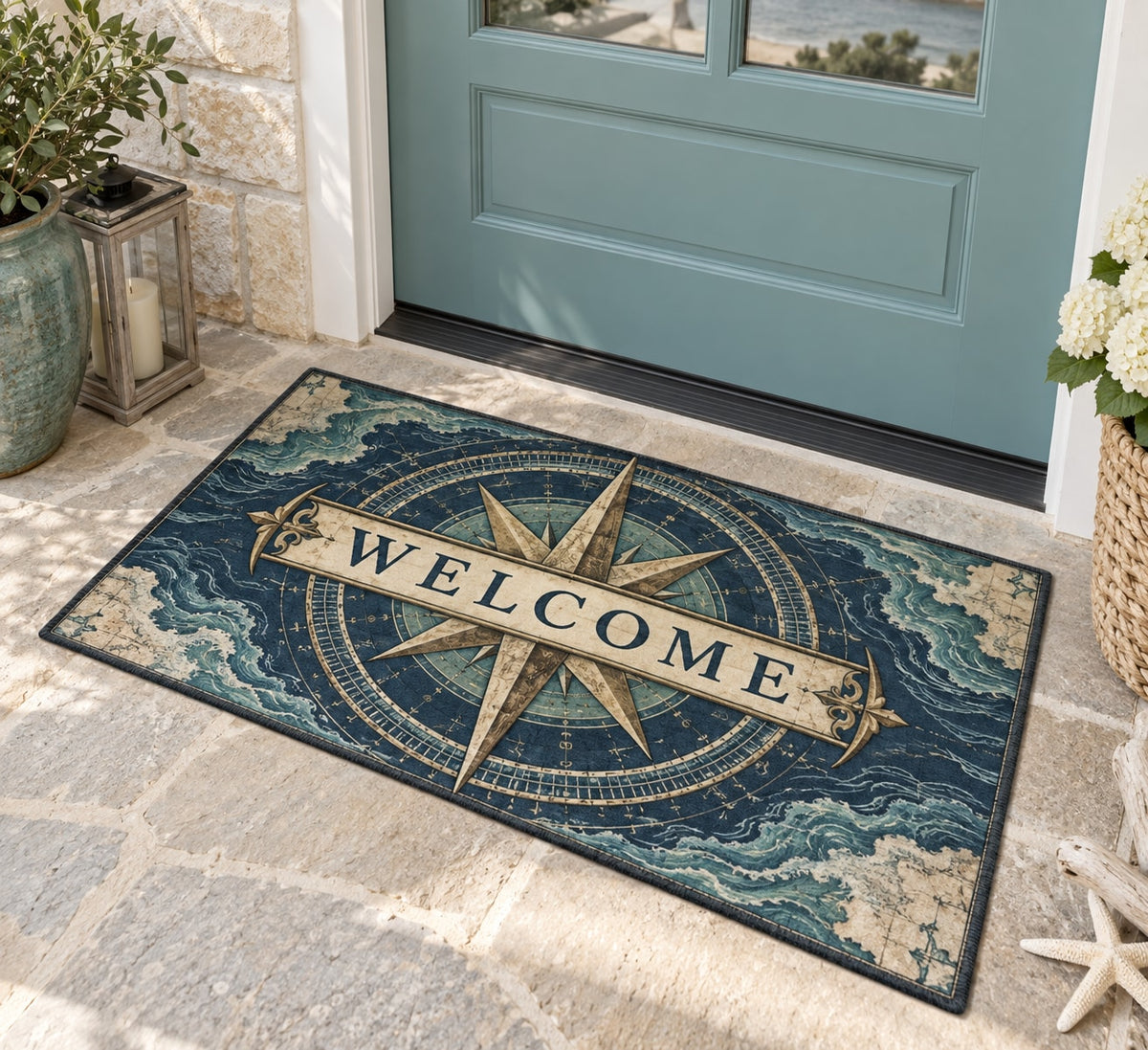 Nautical Compass Welcome Mat with dimensional printed themed artwork; representative AI-generated mockup.