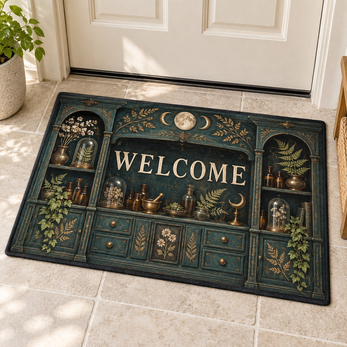 Alchemy Botanical Cabinet Welcome Mat with dimensional printed themed artwork; representative AI-generated mockup.