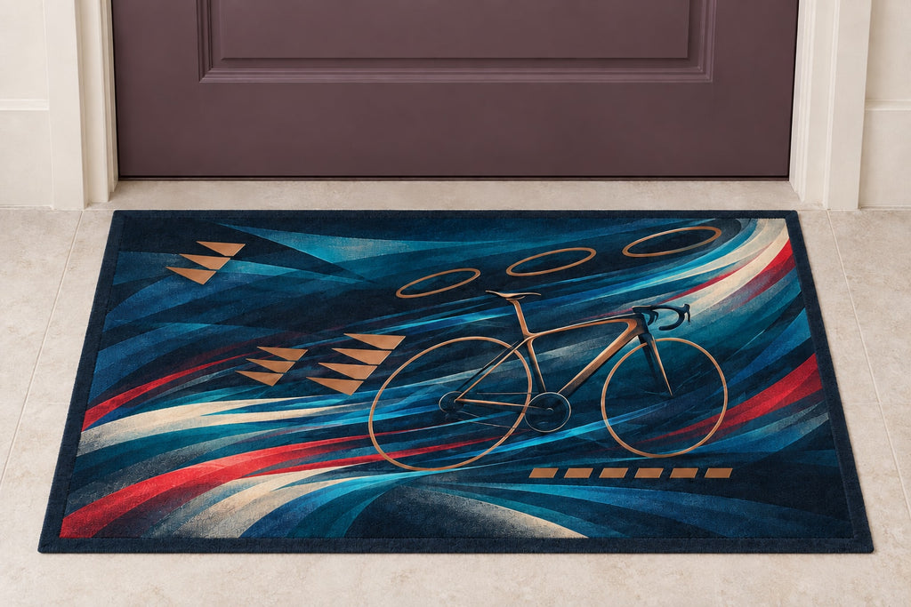 Slipstream Aurora Circuit Welcome Mat with dimensional printed themed artwork; representative AI-generated mockup.