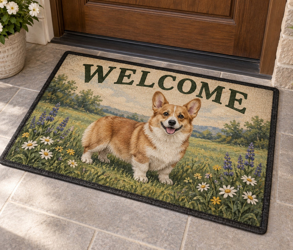 Corgi Welcome Mat with dimensional printed themed artwork; representative AI-generated mockup.