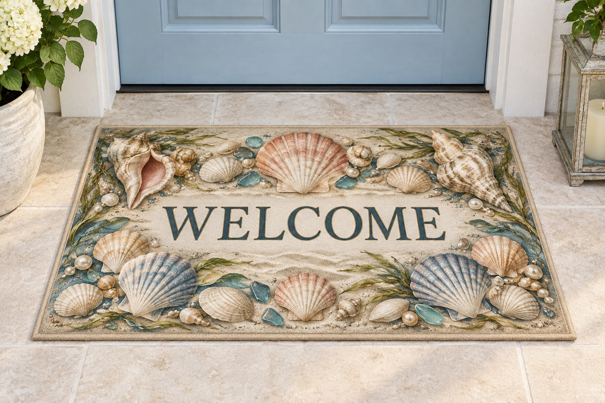 Seashell Study Welcome Mat with dimensional printed themed artwork; representative AI-generated mockup.