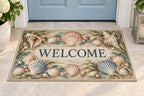 Seashell Study Welcome Mat with dimensional printed themed artwork; representative AI-generated mockup.