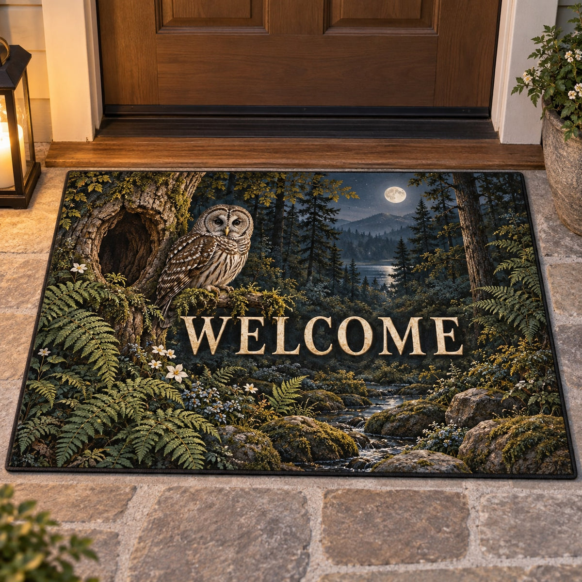Owl Hollow Welcome Mat with dimensional printed themed artwork; representative AI-generated mockup.