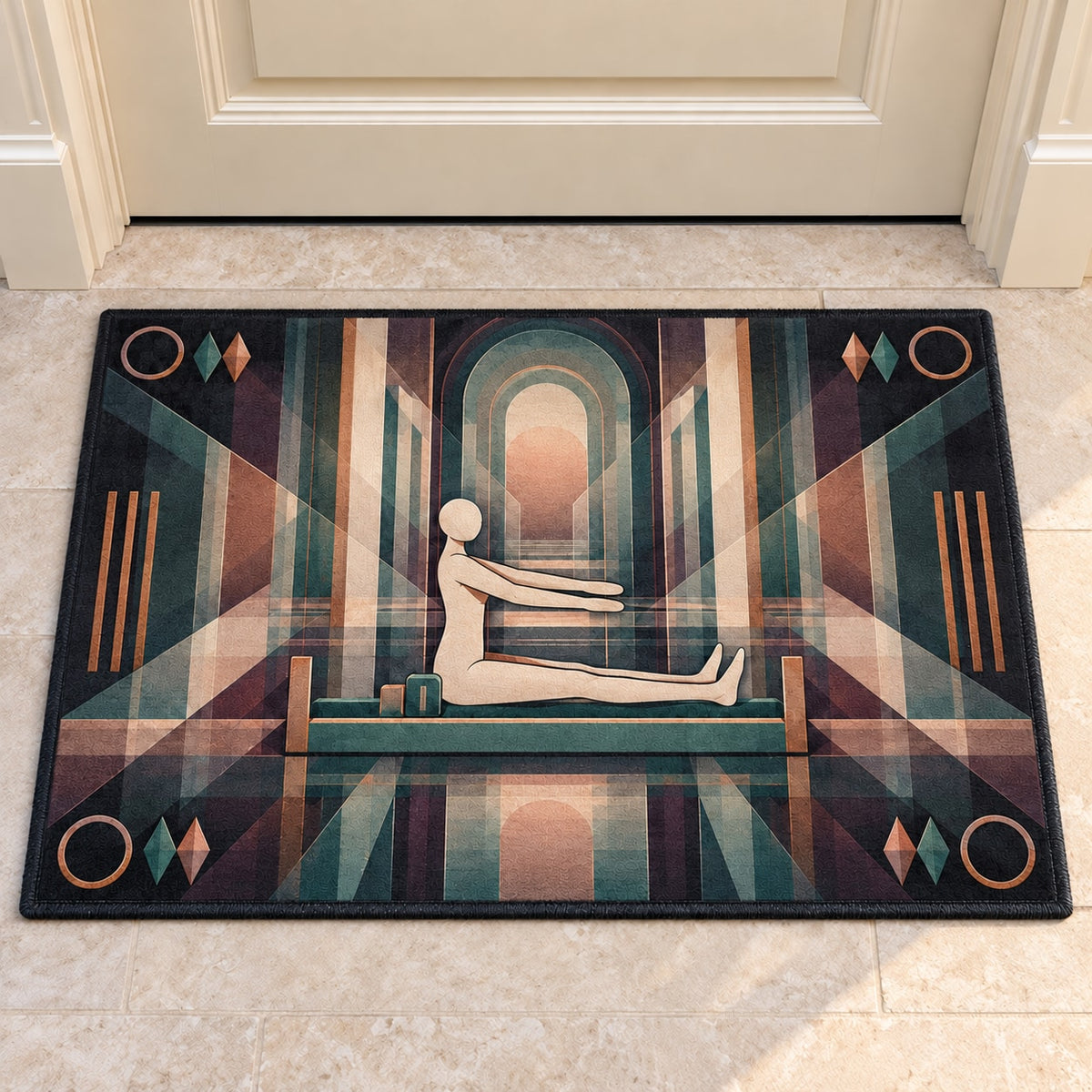 Coreline Carriage Lattice Welcome Mat with dimensional printed themed artwork; representative AI-generated mockup.