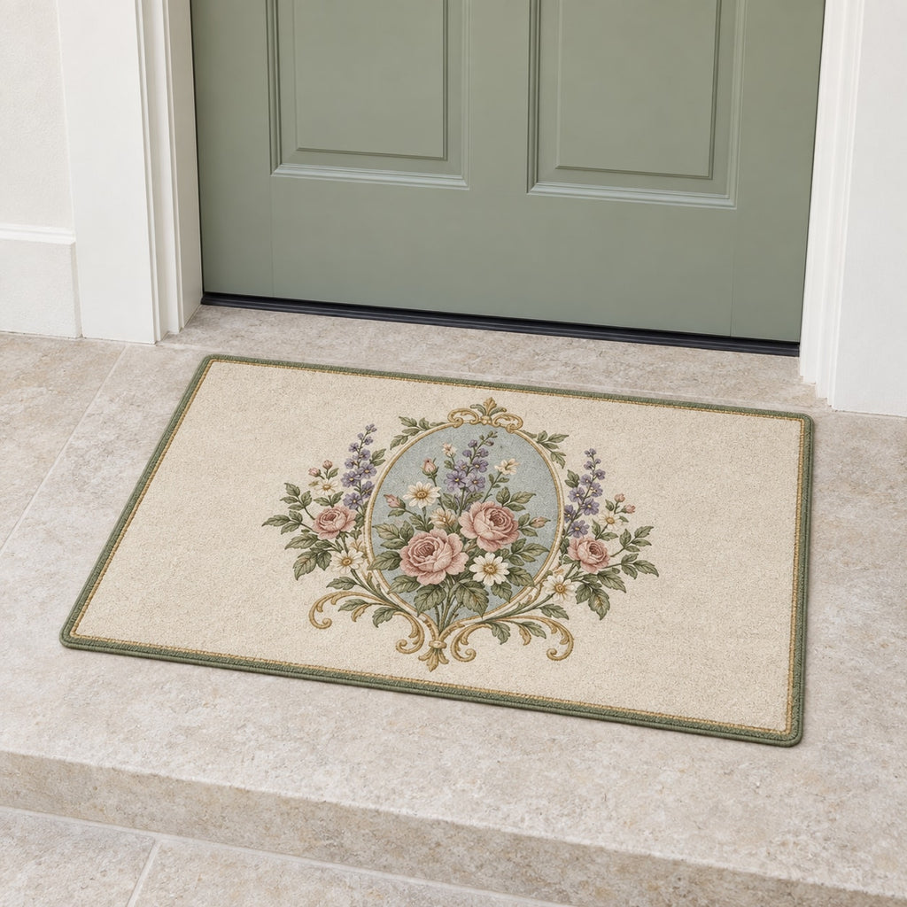 Vintage Garden Cameo Welcome Mat with dimensional printed themed artwork; representative AI-generated mockup.