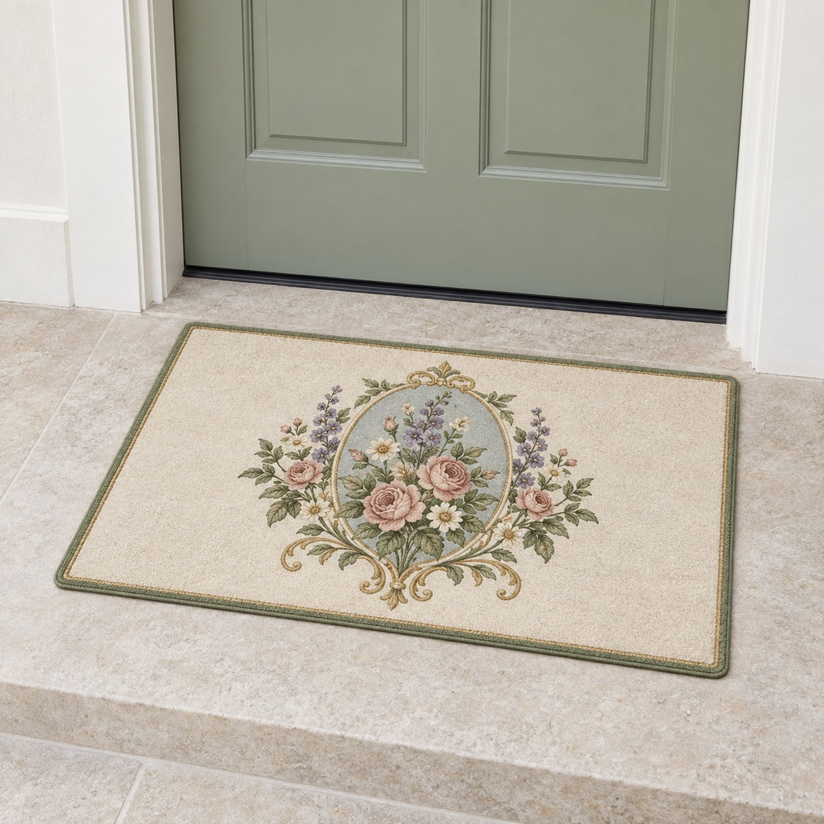 Vintage Garden Cameo Welcome Mat with dimensional printed themed artwork; representative AI-generated mockup.