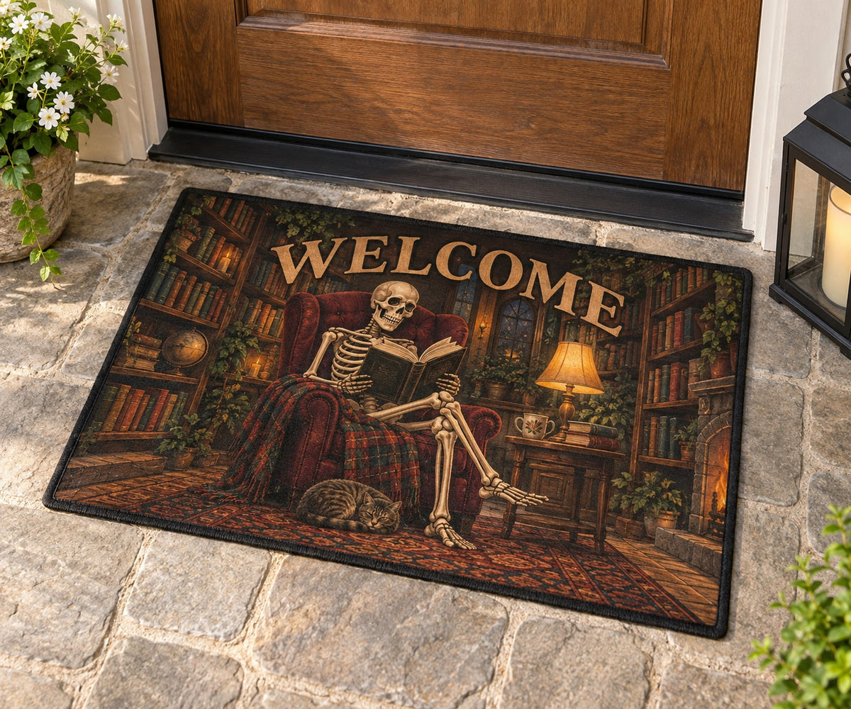 Skeleton Reading Nook Welcome Mat with dimensional printed themed artwork; representative AI-generated mockup.