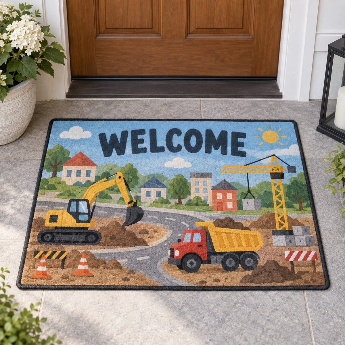 Construction Vehicle Town Welcome Mat with dimensional printed themed artwork; representative AI-generated mockup.