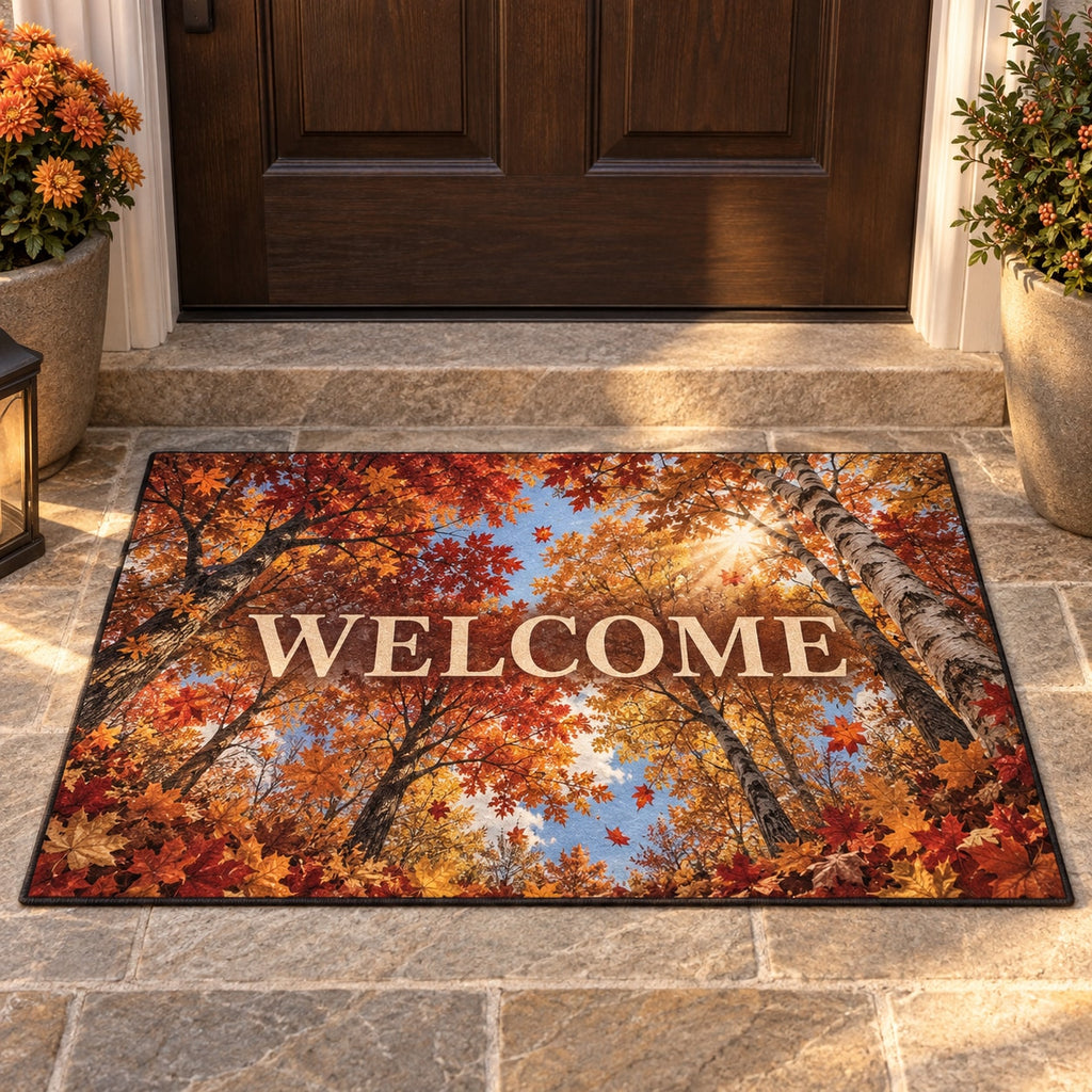 Autumn Forest Canopy Welcome Mat with dimensional printed themed artwork; representative AI-generated mockup.