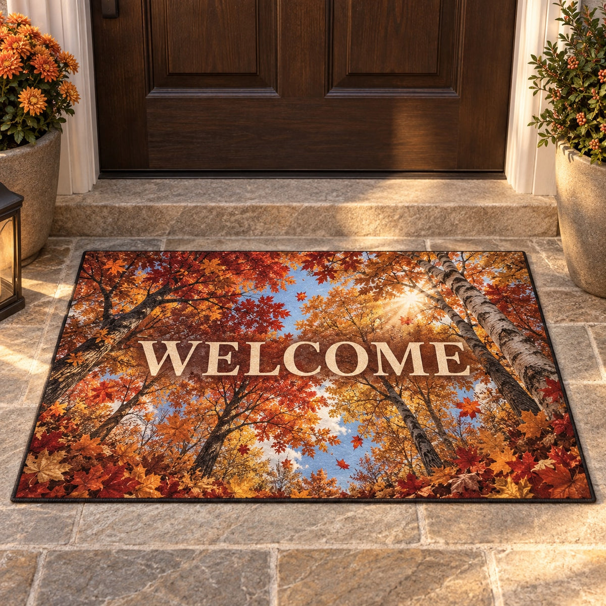 Autumn Forest Canopy Welcome Mat with dimensional printed themed artwork; representative AI-generated mockup.