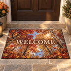 Autumn Forest Canopy Welcome Mat with dimensional printed themed artwork; representative AI-generated mockup.
