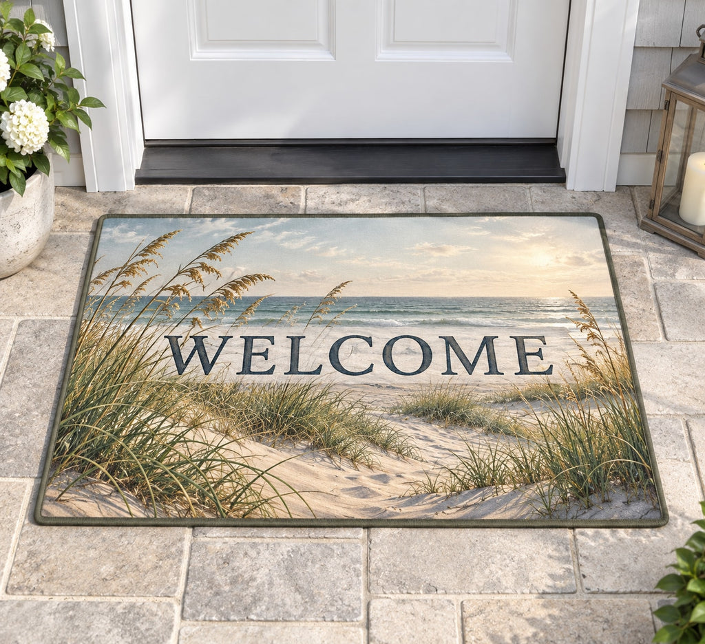 Coastal Dune Grass Welcome Mat with dimensional printed themed artwork; representative AI-generated mockup.