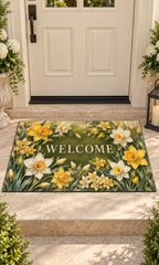 Daffodil and Jonquil Welcome Mat with dimensional printed themed artwork; representative AI-generated mockup.