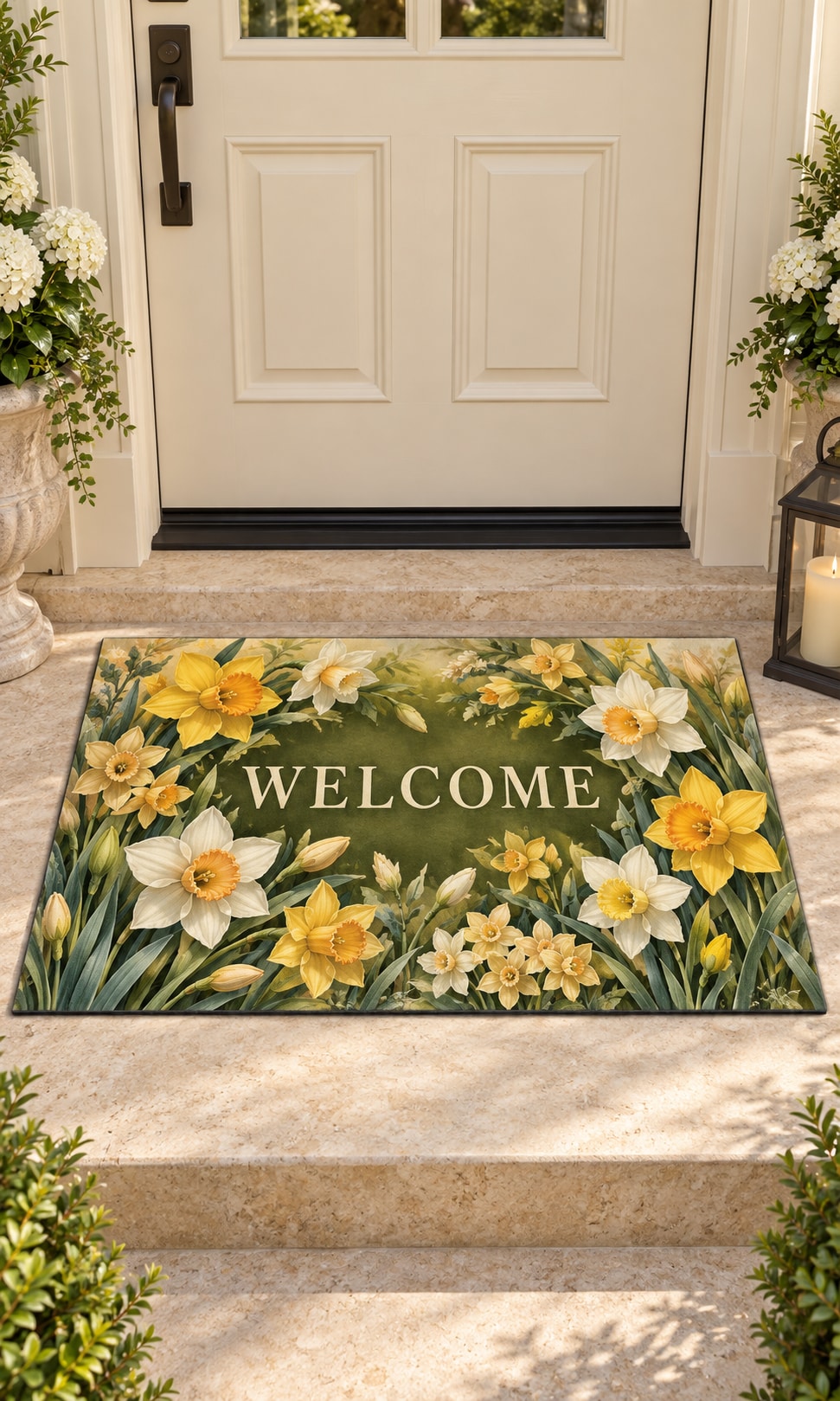 Daffodil and Jonquil Welcome Mat with dimensional printed themed artwork; representative AI-generated mockup.