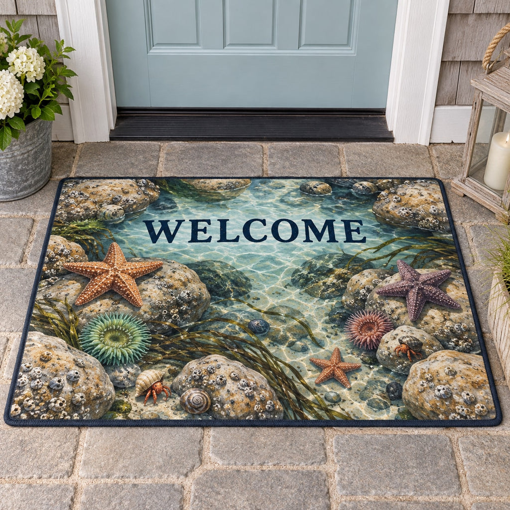Tide Pool Creatures Welcome Mat with dimensional printed themed artwork; representative AI-generated mockup.