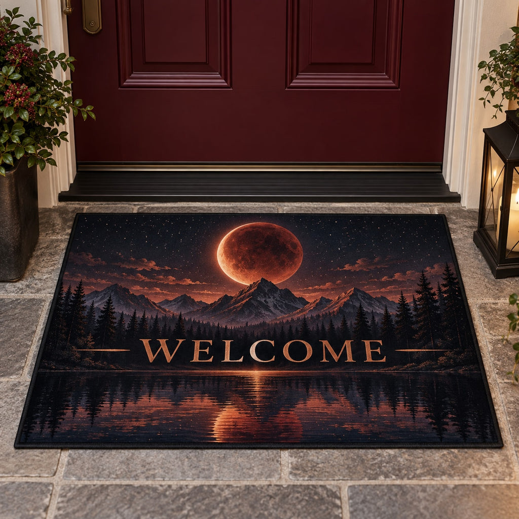 Lunar Eclipse Welcome Mat with dimensional printed themed artwork; representative AI-generated mockup.