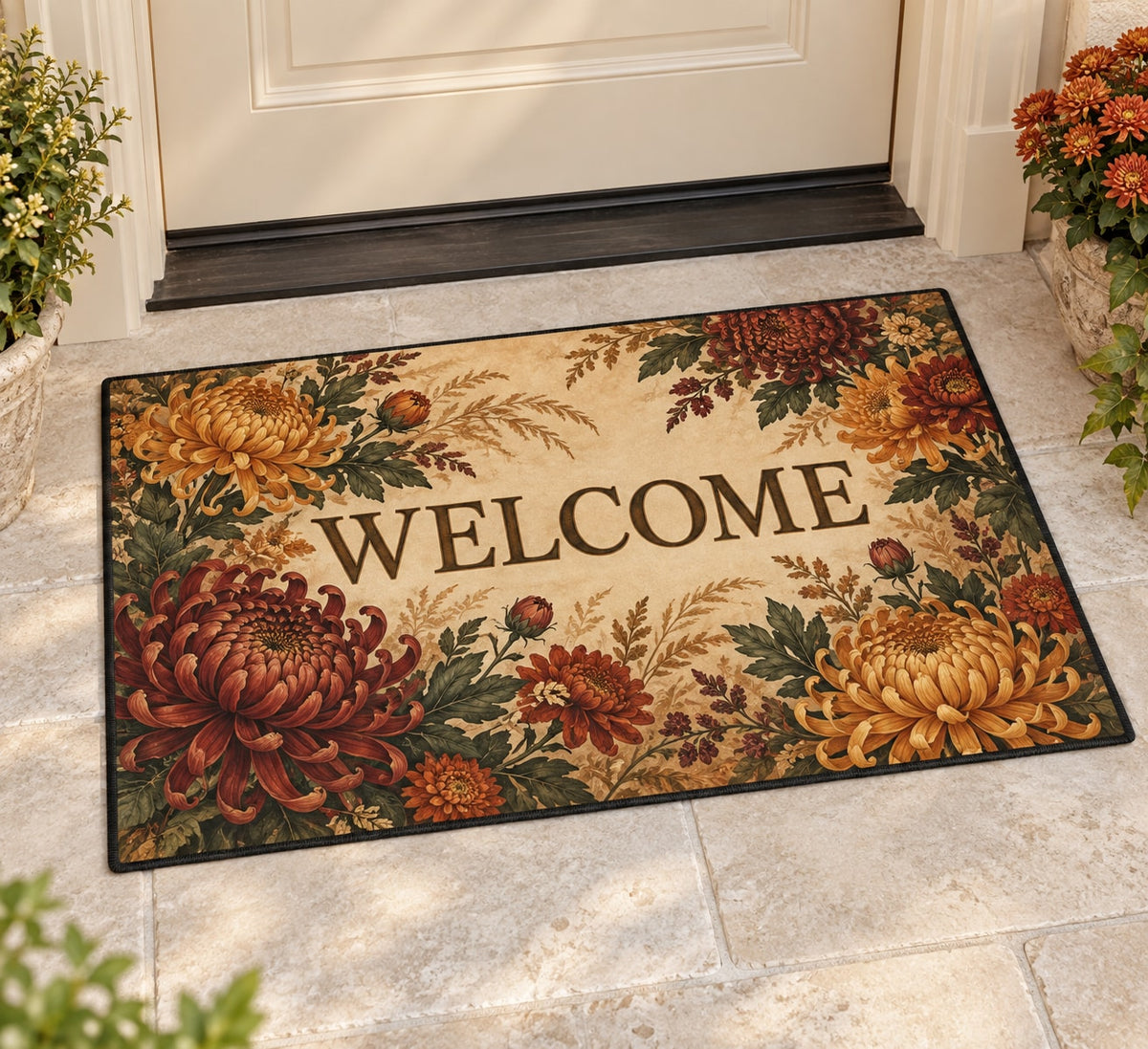 Chrysanthemum Autumn Garden Welcome Mat with dimensional printed themed artwork; representative AI-generated mockup.