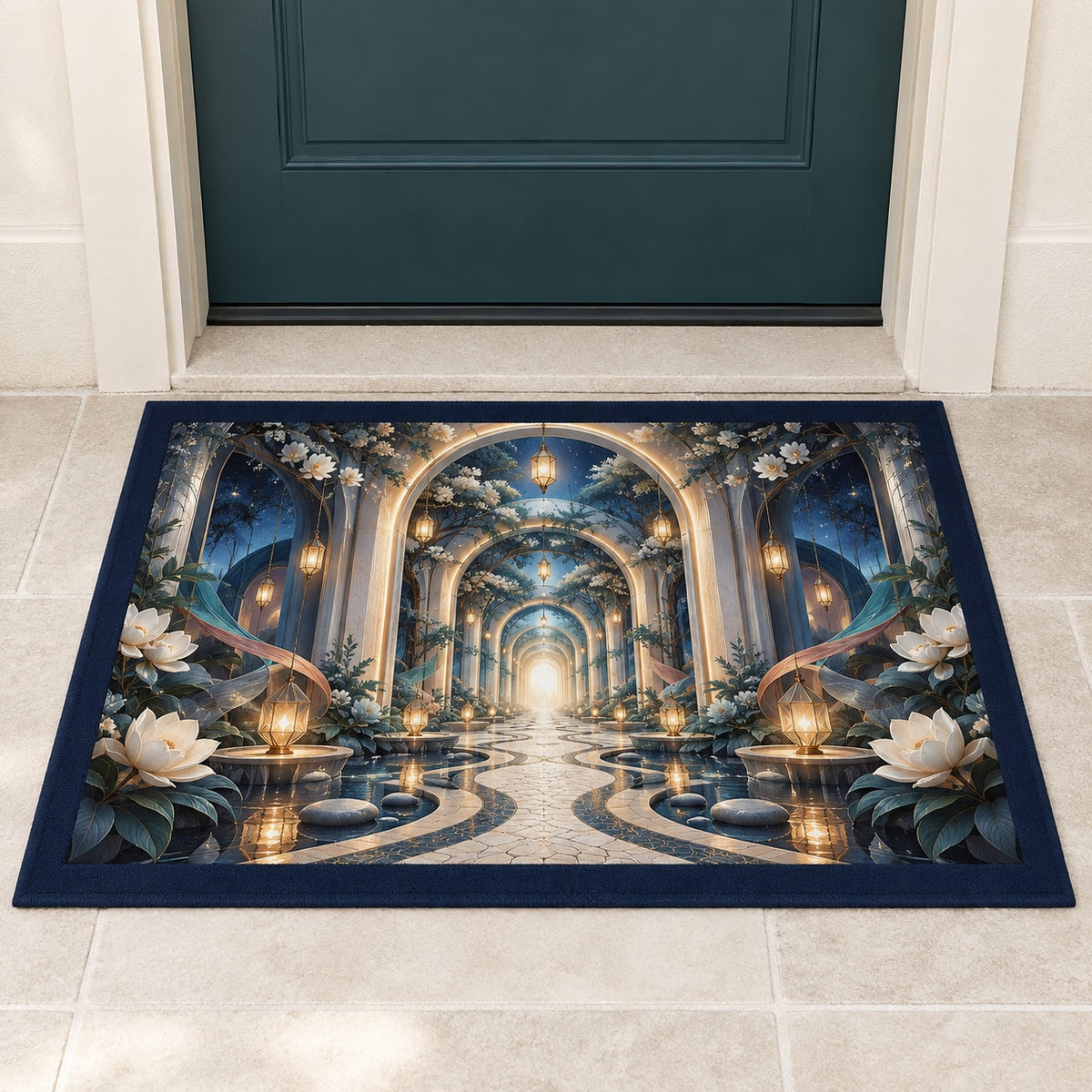 Nurse Care Lantern Atrium Welcome Mat with dimensional printed themed artwork; representative AI-generated mockup.