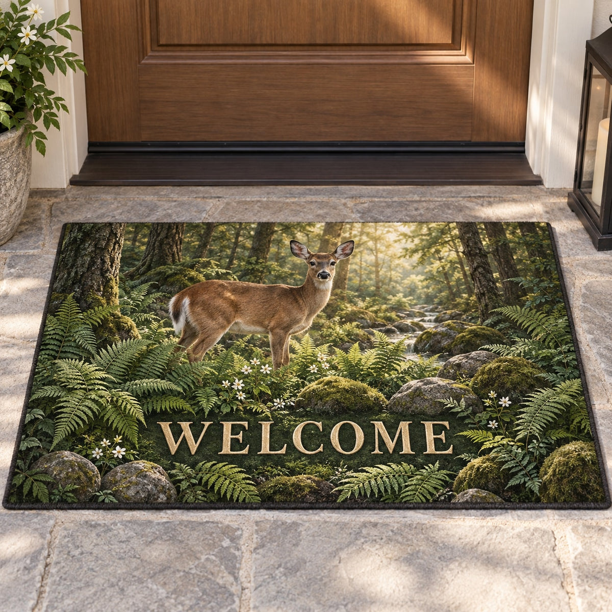 Deer and Ferns Welcome Mat with dimensional printed themed artwork; representative AI-generated mockup.
