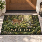 Deer and Ferns Welcome Mat with dimensional printed themed artwork; representative AI-generated mockup.