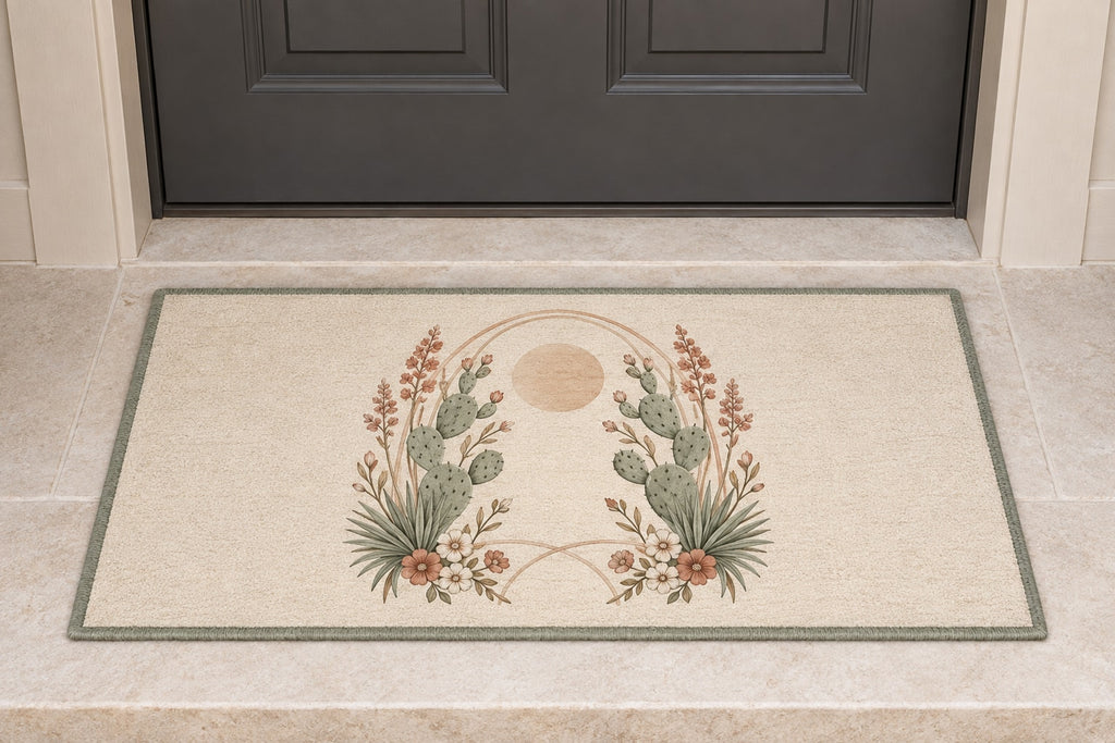 Desert Botanical Arch Welcome Mat with dimensional printed themed artwork; representative AI-generated mockup.