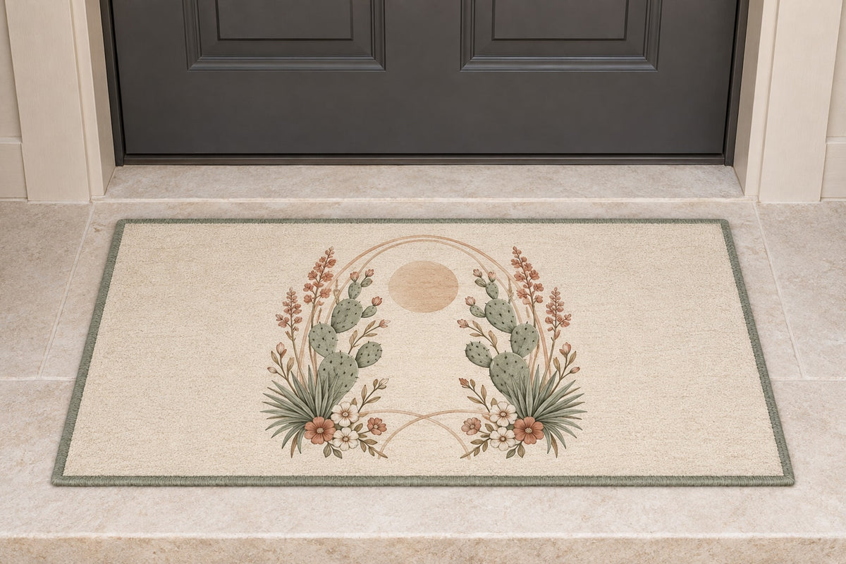 Desert Botanical Arch Welcome Mat with dimensional printed themed artwork; representative AI-generated mockup.