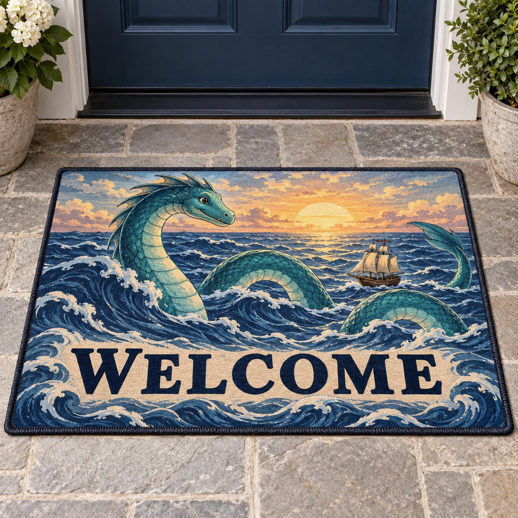 Sea Serpent Voyage Welcome Mat with dimensional printed themed artwork; representative AI-generated mockup.