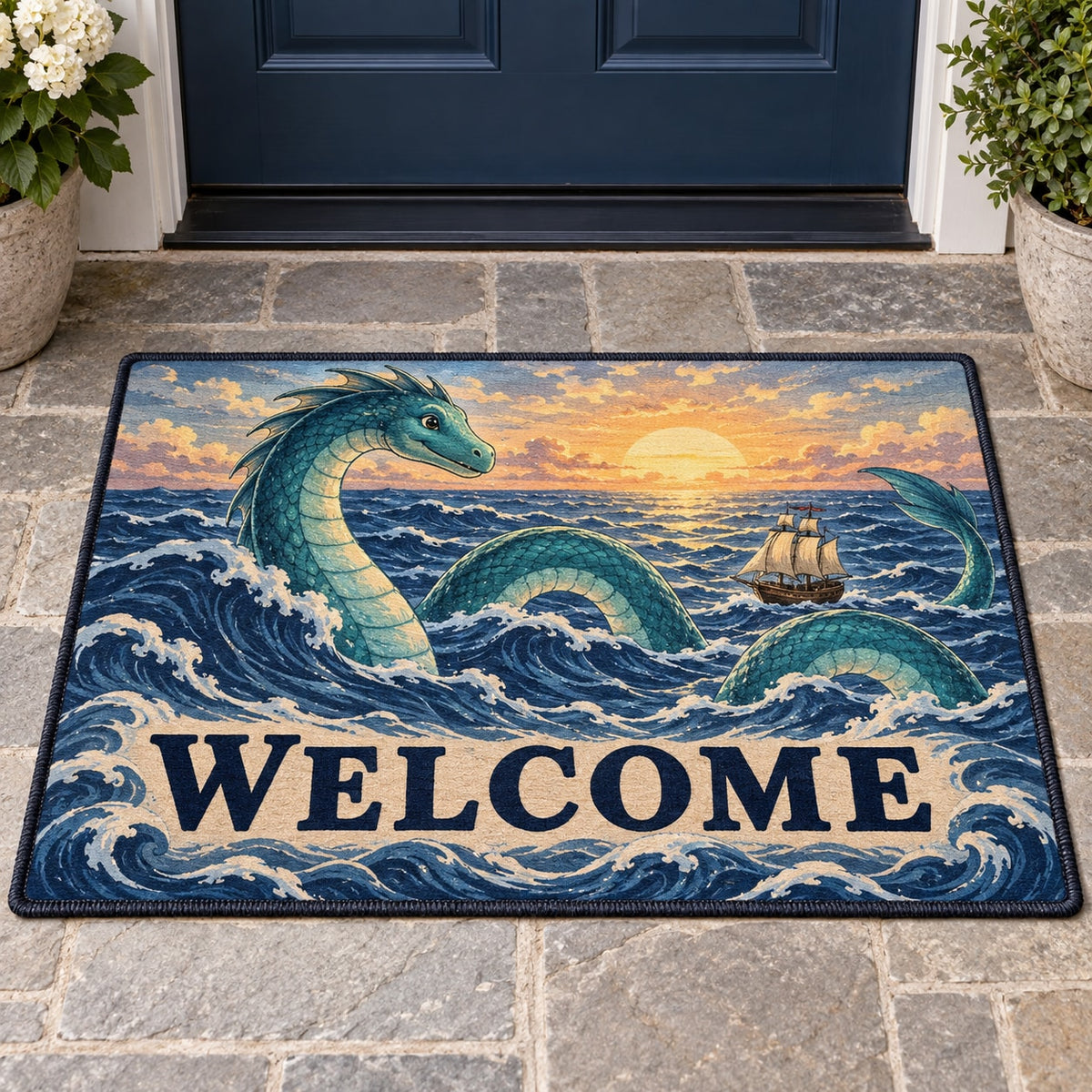 Sea Serpent Voyage Welcome Mat with dimensional printed themed artwork; representative AI-generated mockup.