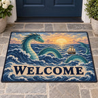 Sea Serpent Voyage Welcome Mat with dimensional printed themed artwork; representative AI-generated mockup.