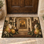 Pear Still Life Welcome Mat with dimensional printed themed artwork; representative AI-generated mockup.