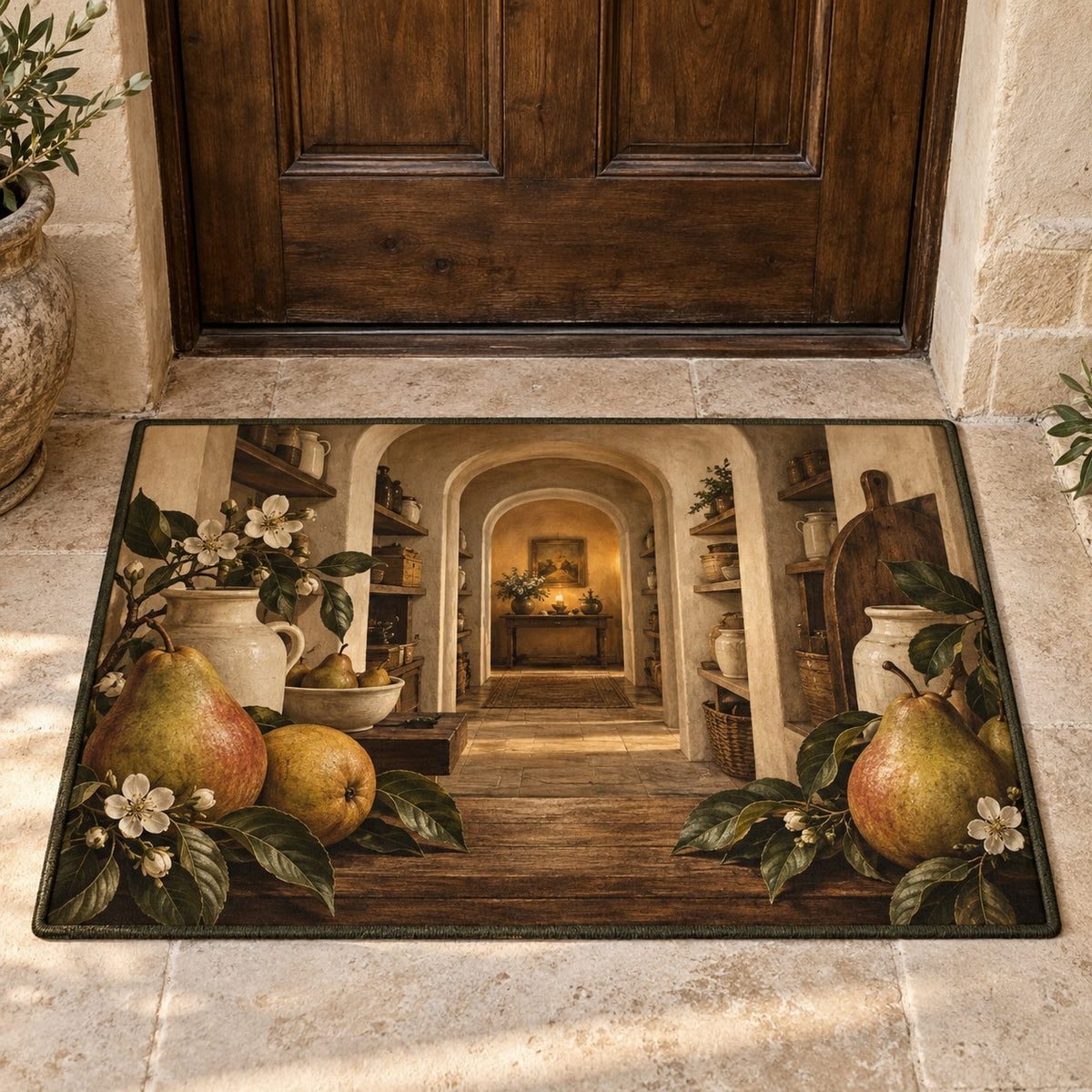 Pear Still Life Welcome Mat with dimensional printed themed artwork; representative AI-generated mockup.