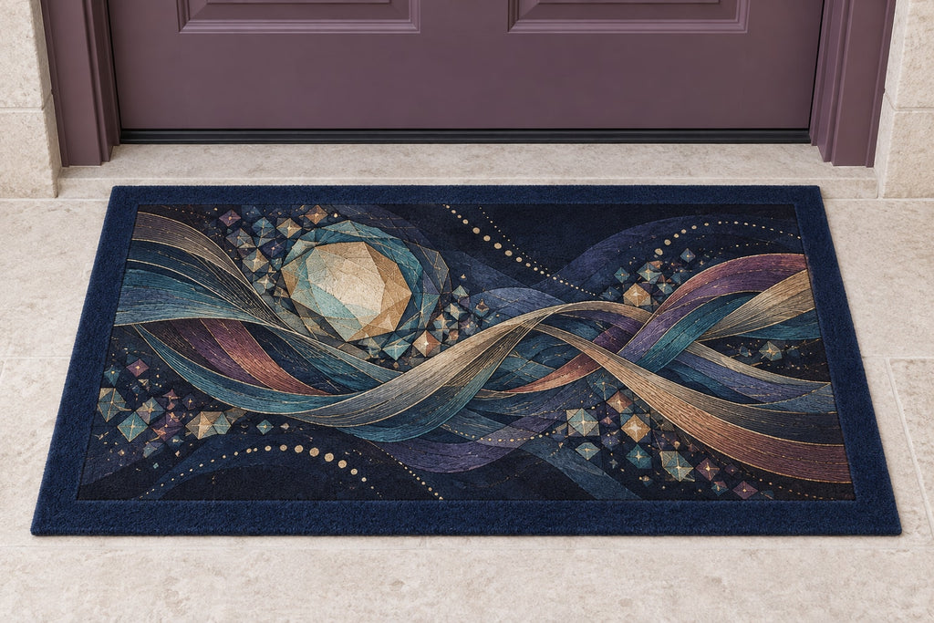 Nocturne Orrery Welcome Mat with dimensional printed themed artwork; representative AI-generated mockup.