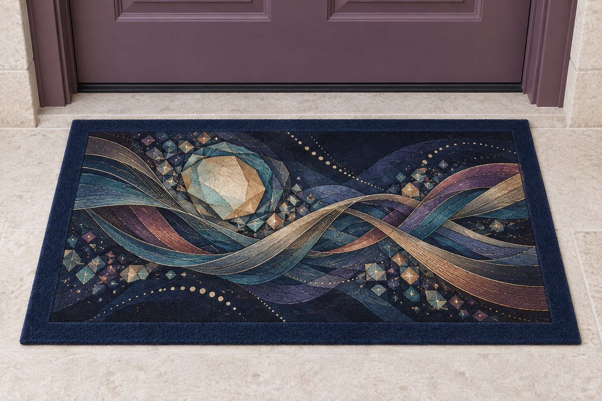 Nocturne Orrery Welcome Mat with dimensional printed themed artwork; representative AI-generated mockup.