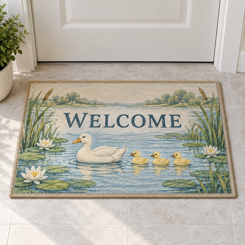 Duck Pond Friends Welcome Mat with dimensional printed themed artwork; representative AI-generated mockup.