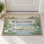 Duck Pond Friends Welcome Mat with dimensional printed themed artwork; representative AI-generated mockup.