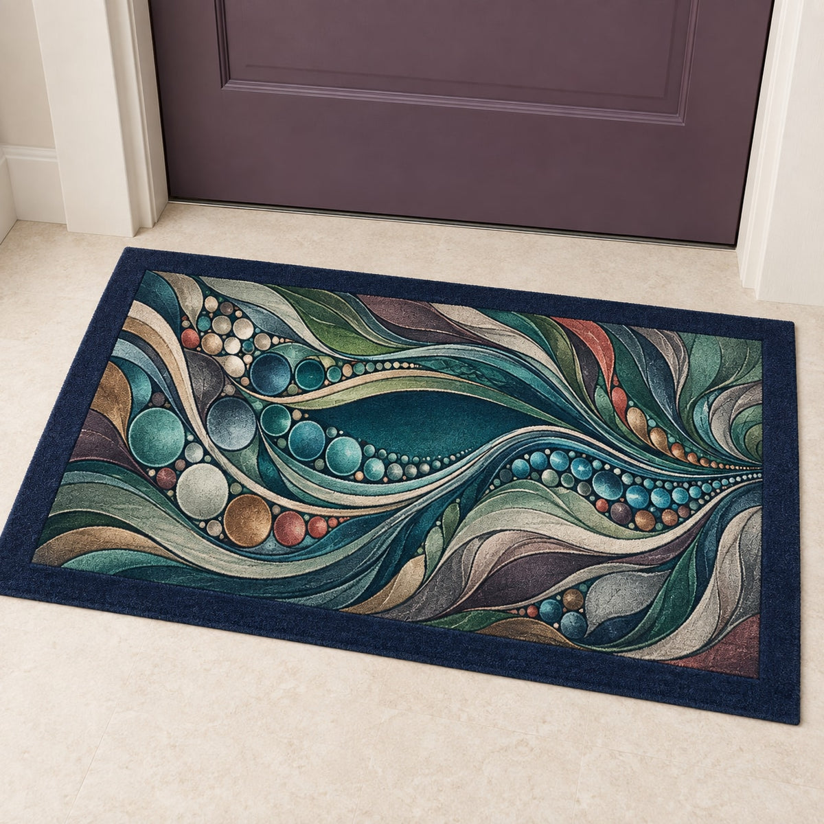 Luminous Aquascape Terraces Welcome Mat with dimensional printed themed artwork; representative AI-generated mockup.
