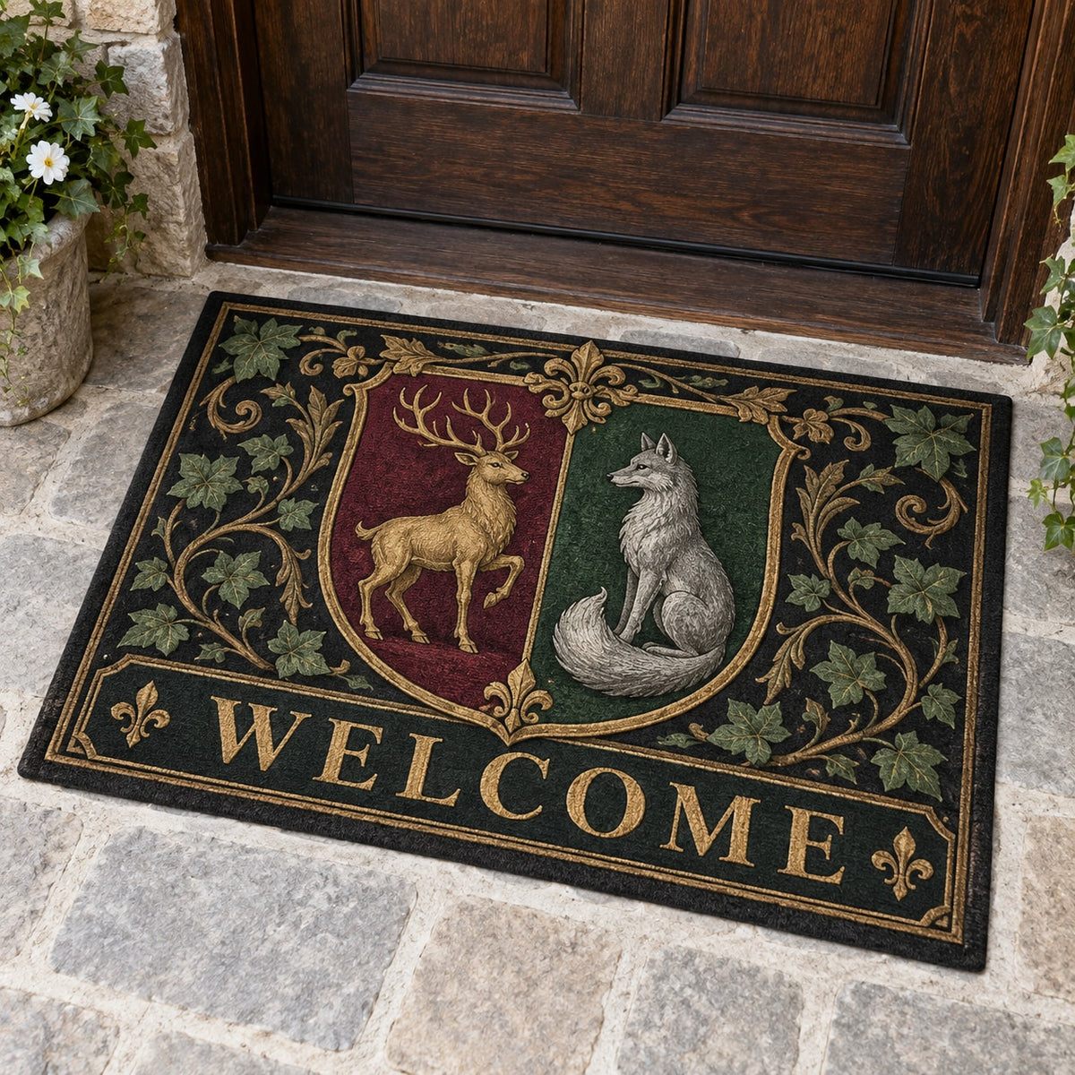 Medieval Heraldic Animals Welcome Mat with dimensional printed themed artwork; representative AI-generated mockup.