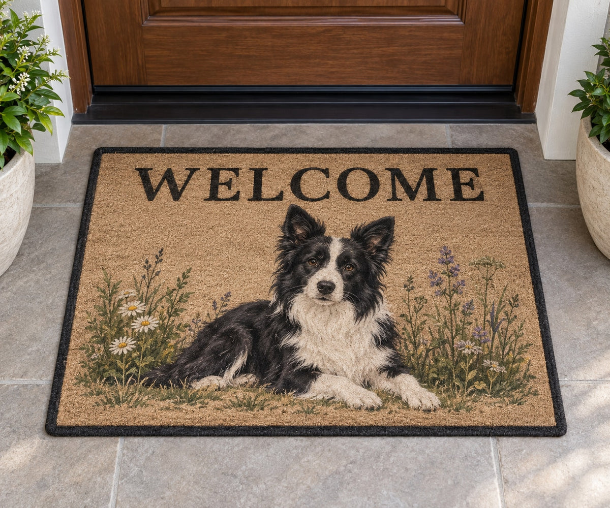 Border Collie Welcome Mat with dimensional printed themed artwork; representative AI-generated mockup.