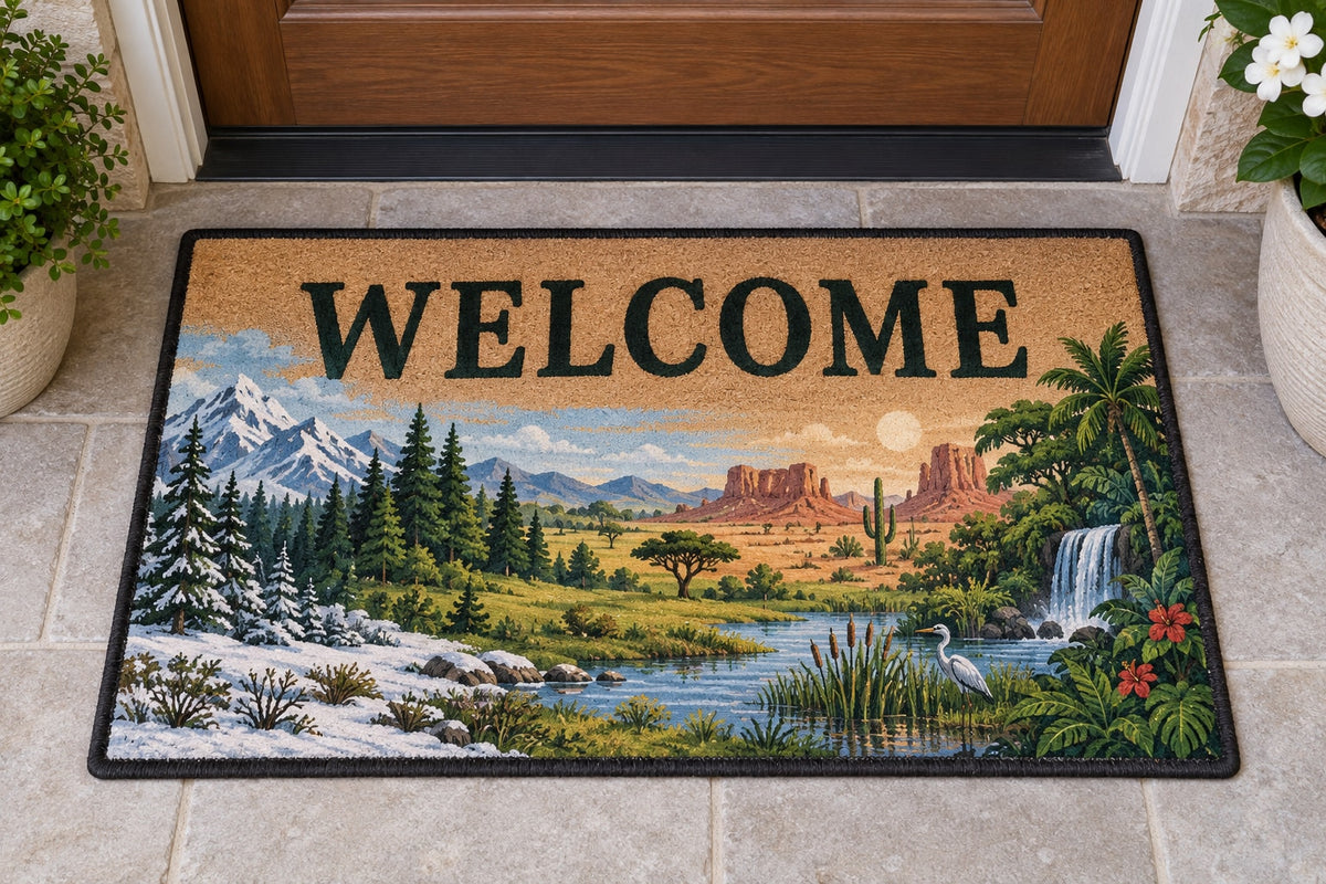 World Biomes Welcome Mat with dimensional printed themed artwork; representative AI-generated mockup.